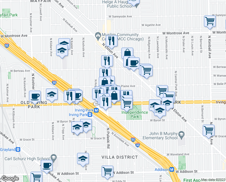 map of restaurants, bars, coffee shops, grocery stores, and more near 4038 North Harding Avenue in Chicago