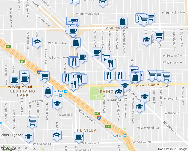 map of restaurants, bars, coffee shops, grocery stores, and more near 4040 North Avers Avenue in Chicago