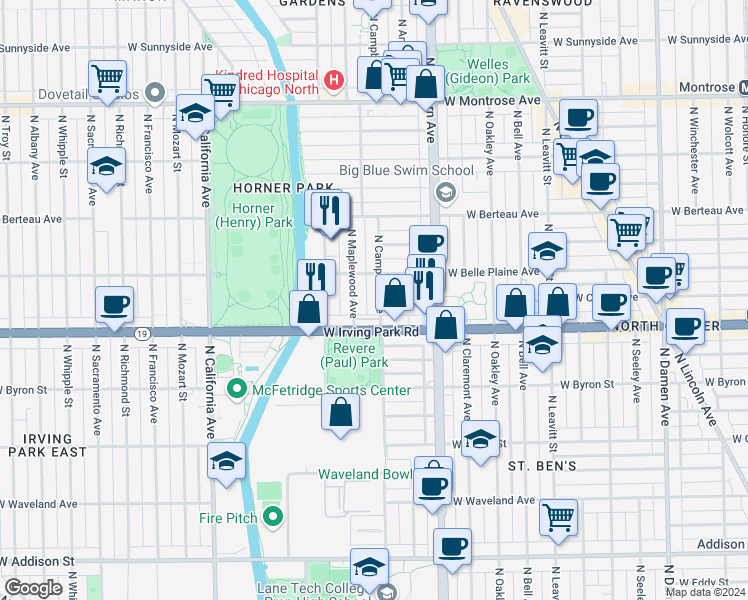 map of restaurants, bars, coffee shops, grocery stores, and more near 4030 North Campbell Avenue in Chicago