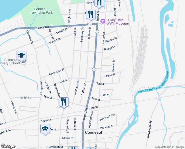 map of restaurants, bars, coffee shops, grocery stores, and more near 649 Broad Street in Conneaut