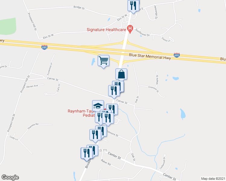 map of restaurants, bars, coffee shops, grocery stores, and more near 964 Broadway in Raynham