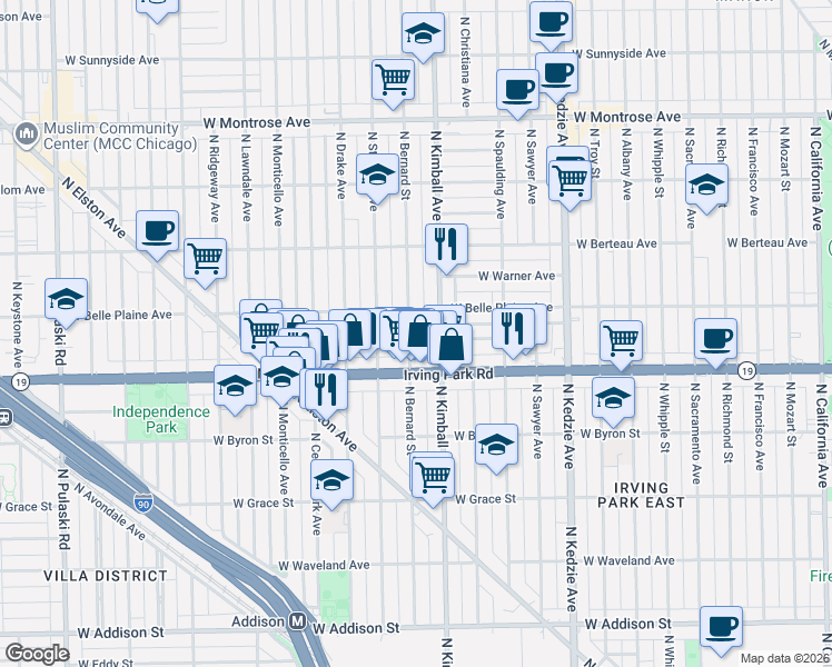 map of restaurants, bars, coffee shops, grocery stores, and more near 4037 North Bernard Street in Chicago