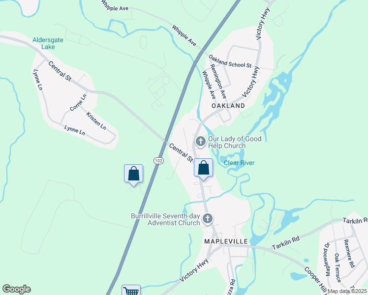 map of restaurants, bars, coffee shops, grocery stores, and more near 1044 Victory Highway in Burrillville