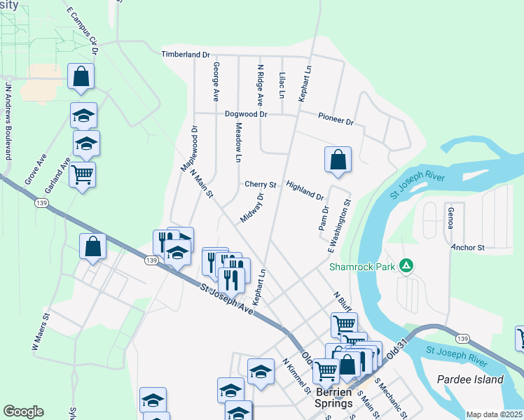 map of restaurants, bars, coffee shops, grocery stores, and more near 9044 Kephart Lane in Berrien Springs