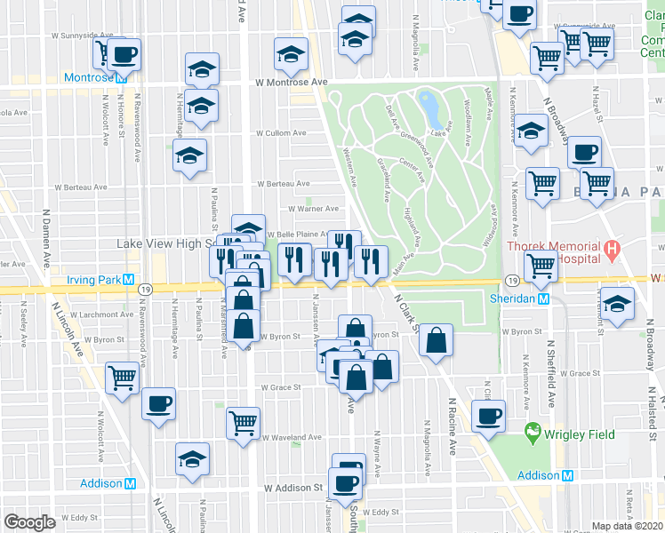 map of restaurants, bars, coffee shops, grocery stores, and more near 1401 West Cuyler Avenue in Chicago