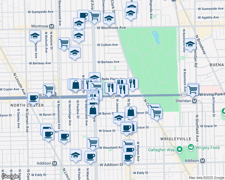 map of restaurants, bars, coffee shops, grocery stores, and more near 1443W West Cuyler Avenue in Chicago