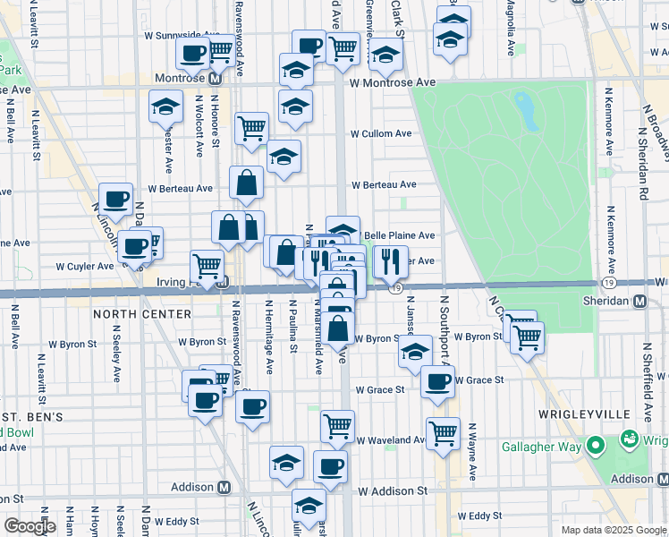 map of restaurants, bars, coffee shops, grocery stores, and more near 4020 North Ashland Avenue in Chicago