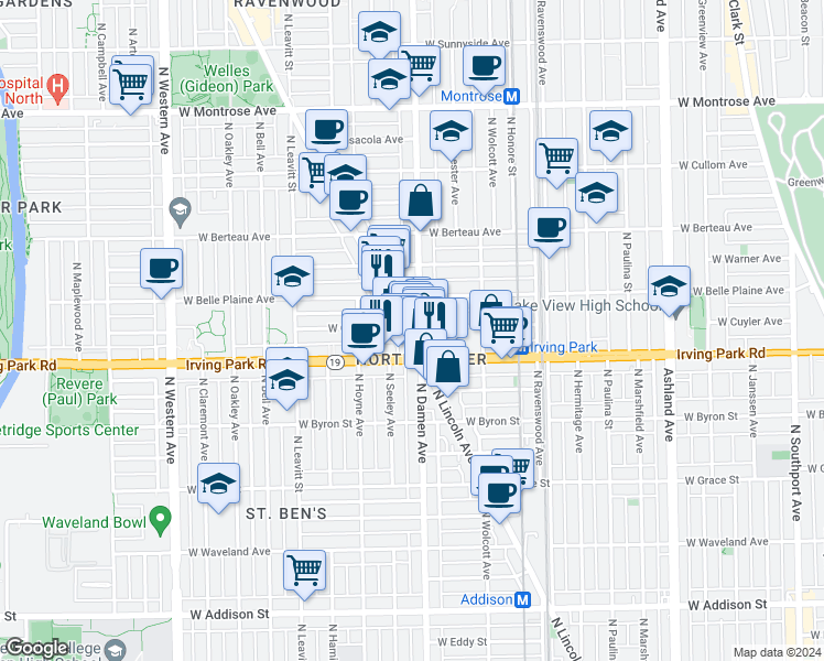 map of restaurants, bars, coffee shops, grocery stores, and more near 4026 North Lincoln Avenue in Chicago