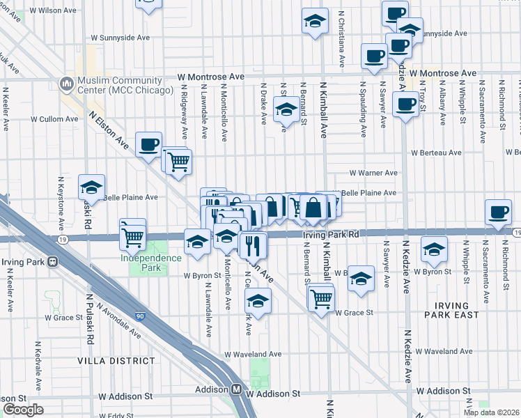 map of restaurants, bars, coffee shops, grocery stores, and more near 4038 North Drake Avenue in Chicago