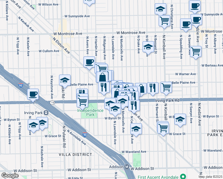 map of restaurants, bars, coffee shops, grocery stores, and more near 3669 West Belle Plaine Avenue in Chicago