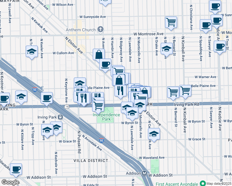 map of restaurants, bars, coffee shops, grocery stores, and more near 4040 North Hamlin Avenue in Chicago