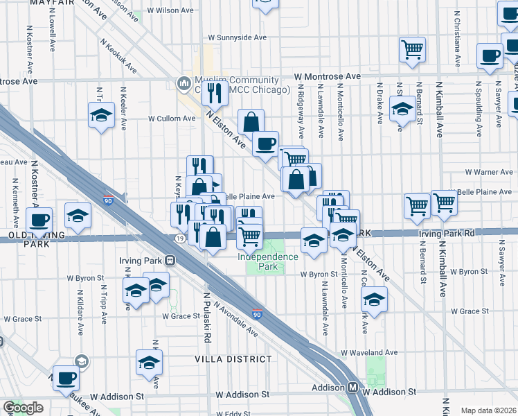 map of restaurants, bars, coffee shops, grocery stores, and more near 4040 North Avers Avenue in Chicago