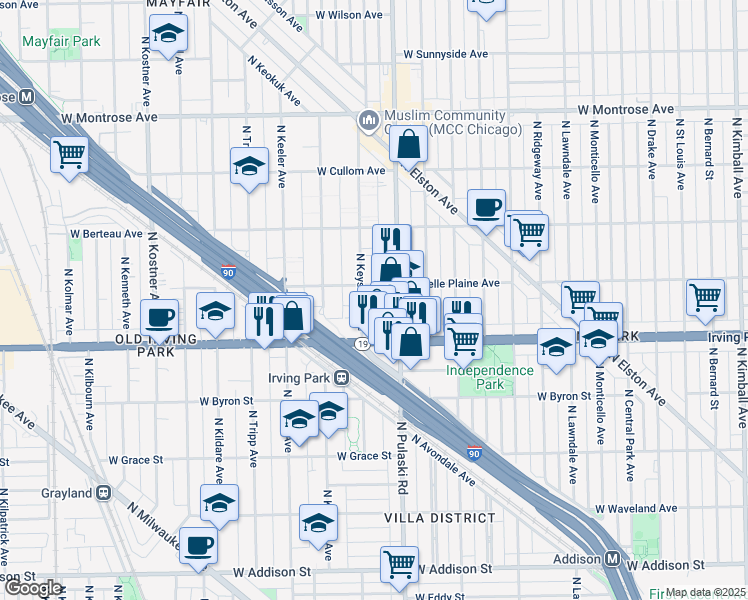 map of restaurants, bars, coffee shops, grocery stores, and more near 4049 North Keystone Avenue in Chicago