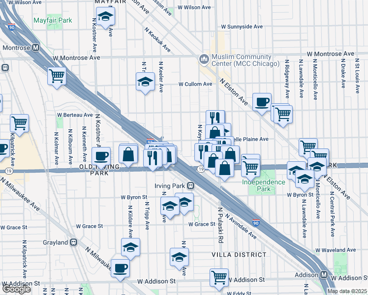 map of restaurants, bars, coffee shops, grocery stores, and more near 4045 North Kedvale Avenue in Chicago