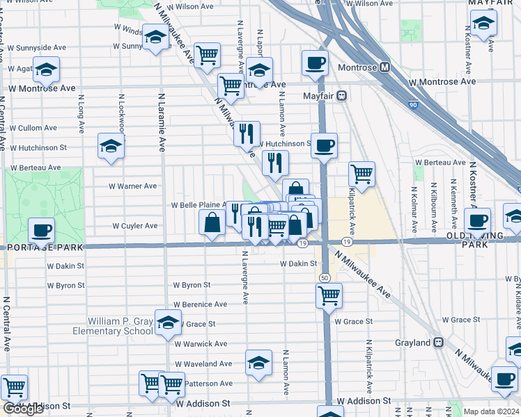 map of restaurants, bars, coffee shops, grocery stores, and more near 4937 West Belle Plaine Avenue in Chicago