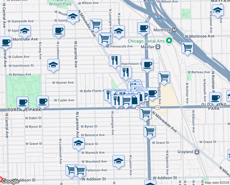 map of restaurants, bars, coffee shops, grocery stores, and more near 4937 West Belle Plaine Avenue in Chicago