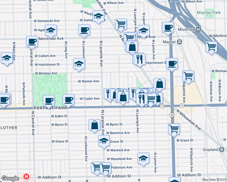 map of restaurants, bars, coffee shops, grocery stores, and more near 4056 North Leamington Avenue in Chicago