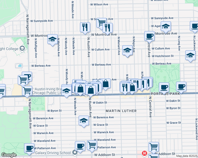 map of restaurants, bars, coffee shops, grocery stores, and more near 4101 North Mason Avenue in Chicago