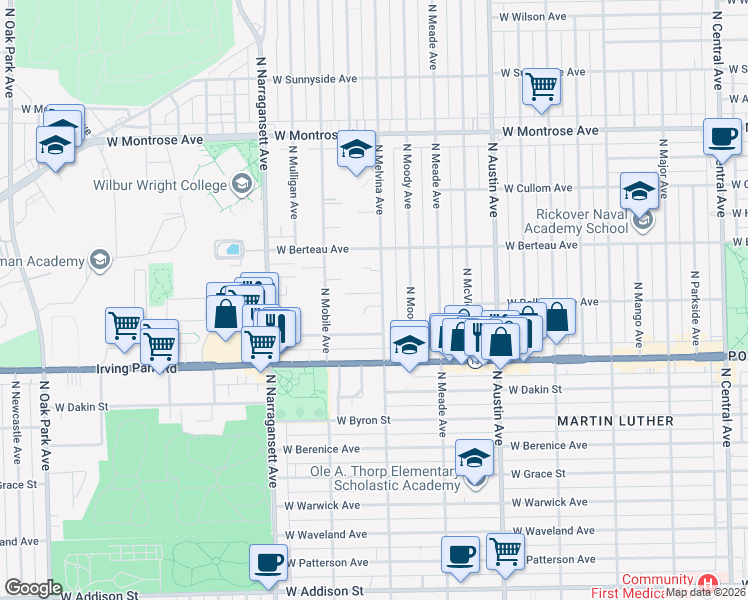 map of restaurants, bars, coffee shops, grocery stores, and more near 4101 North Melvina Avenue in Chicago