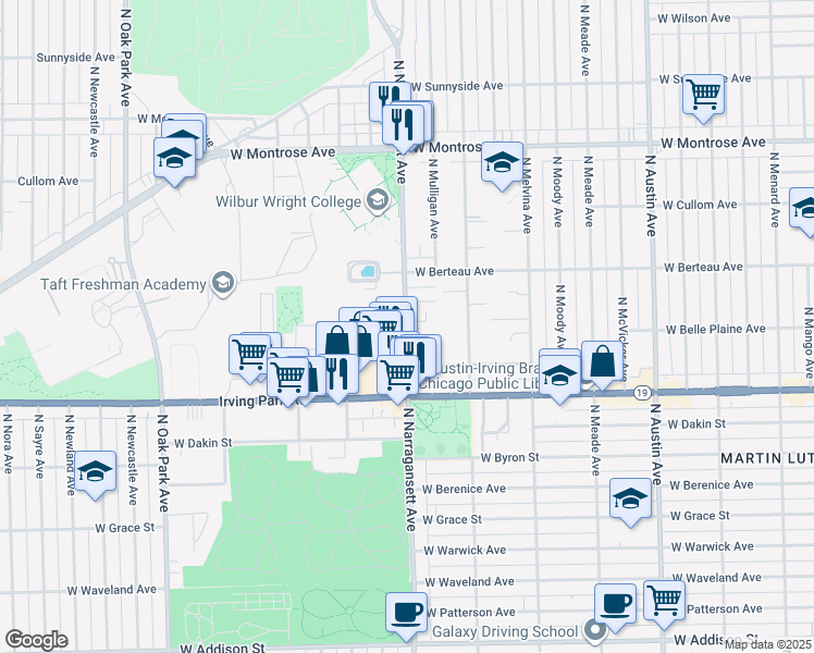 map of restaurants, bars, coffee shops, grocery stores, and more near 4109 North Narragansett Avenue in Chicago