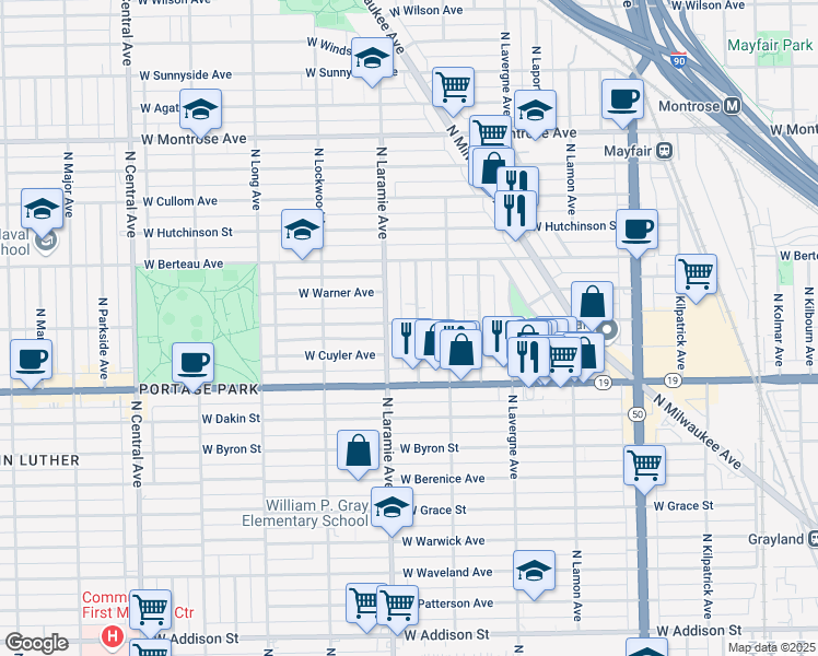 map of restaurants, bars, coffee shops, grocery stores, and more near 4056 North Leamington Avenue in Chicago
