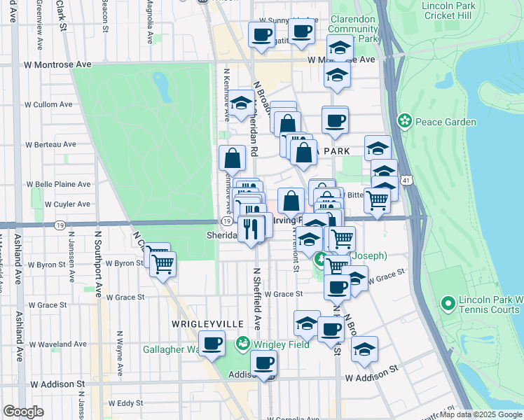 map of restaurants, bars, coffee shops, grocery stores, and more near 4017 North Sheridan Road in Chicago