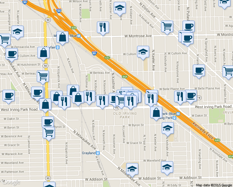 map of restaurants, bars, coffee shops, grocery stores, and more near 4049 North Kostner Avenue in Chicago