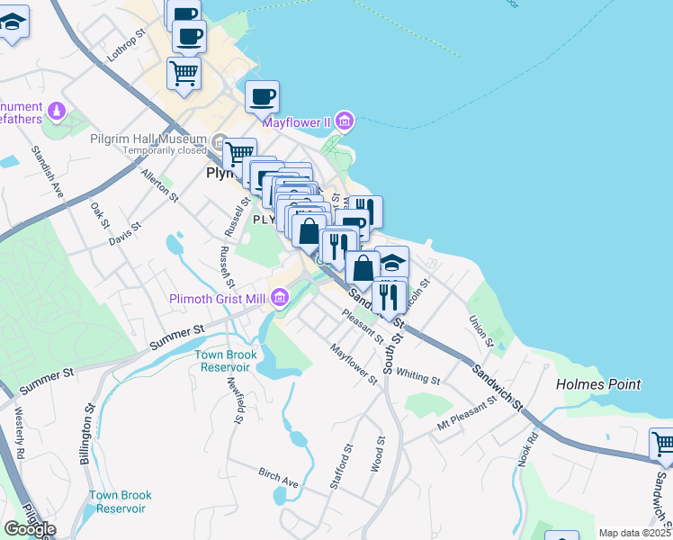 map of restaurants, bars, coffee shops, grocery stores, and more near 10 Water Street in Plymouth