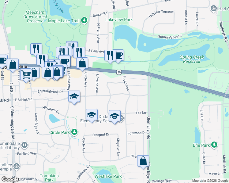 map of restaurants, bars, coffee shops, grocery stores, and more near 237 East Schick Road in Bloomingdale