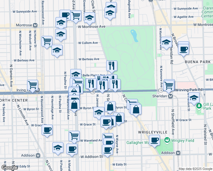 map of restaurants, bars, coffee shops, grocery stores, and more near 1401 West Cuyler Avenue in Chicago