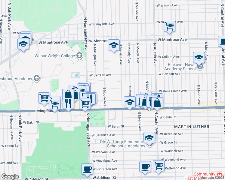 map of restaurants, bars, coffee shops, grocery stores, and more near 6229 West Belle Plaine Avenue in Chicago