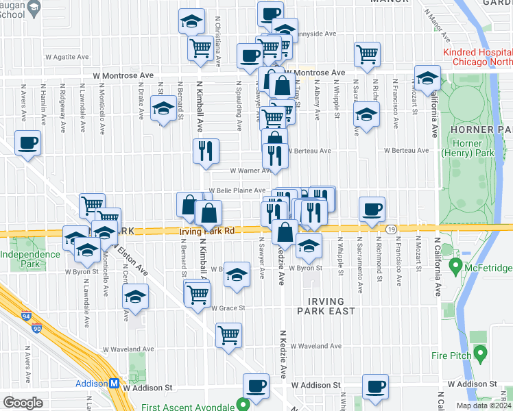map of restaurants, bars, coffee shops, grocery stores, and more near 4034 North Sawyer Avenue in Chicago