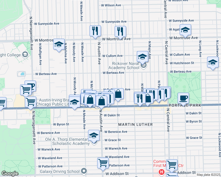 map of restaurants, bars, coffee shops, grocery stores, and more near 4101 North Mason Avenue in Chicago