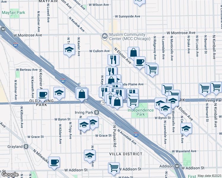 map of restaurants, bars, coffee shops, grocery stores, and more near 4045 North Pulaski Road in Chicago
