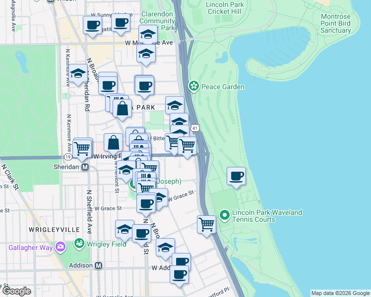 map of restaurants, bars, coffee shops, grocery stores, and more near 640 West Irving Park Road in Chicago