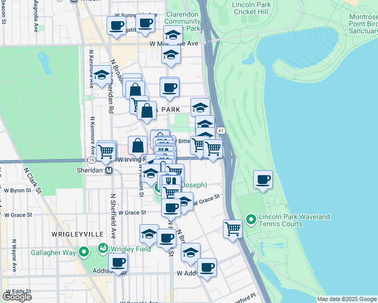 map of restaurants, bars, coffee shops, grocery stores, and more near 668 West Irving Park Road in Chicago