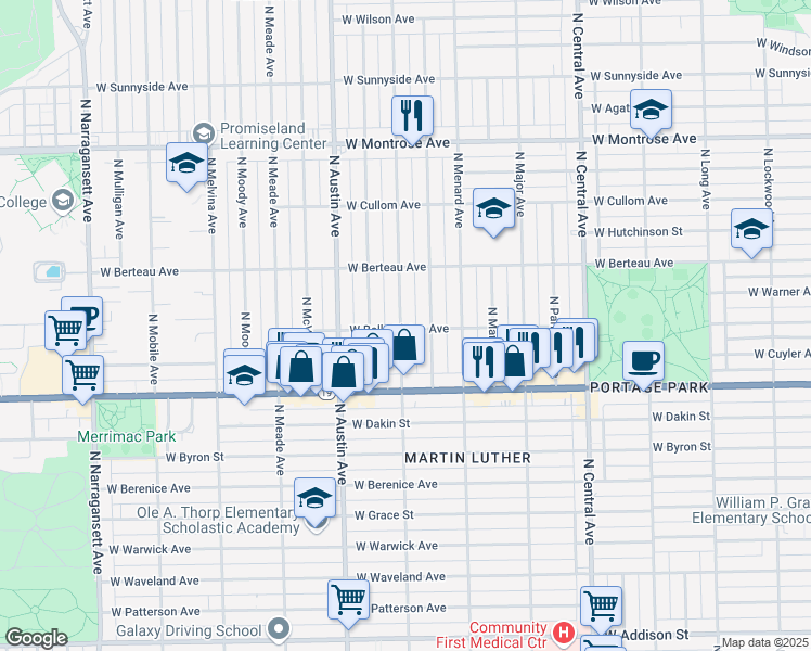 map of restaurants, bars, coffee shops, grocery stores, and more near 4101 North Marmora Avenue in Chicago