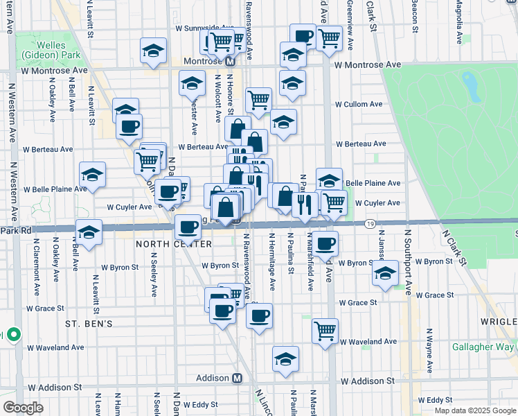map of restaurants, bars, coffee shops, grocery stores, and more near 4019 North Ravenswood Avenue in Chicago