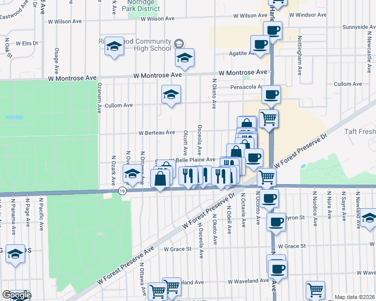 map of restaurants, bars, coffee shops, grocery stores, and more near 4113 Olcott Avenue in Norridge