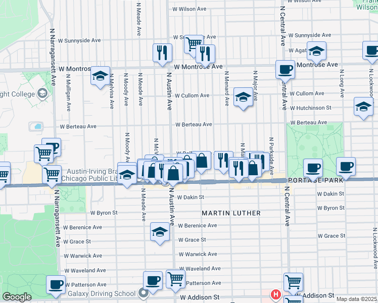 map of restaurants, bars, coffee shops, grocery stores, and more near 4101 North Mason Avenue in Chicago