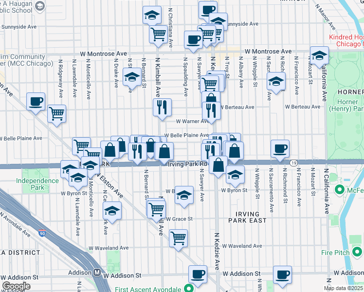 map of restaurants, bars, coffee shops, grocery stores, and more near 3308 West Cuyler Avenue in Chicago
