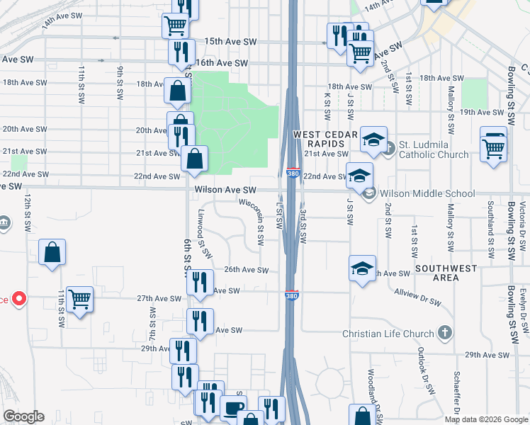 map of restaurants, bars, coffee shops, grocery stores, and more near 2425 Wisconsin Street Southwest in Cedar Rapids