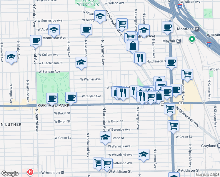 map of restaurants, bars, coffee shops, grocery stores, and more near 4056 North Leamington Avenue in Chicago
