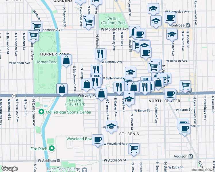 map of restaurants, bars, coffee shops, grocery stores, and more near 2328 Irving Park Road in Chicago