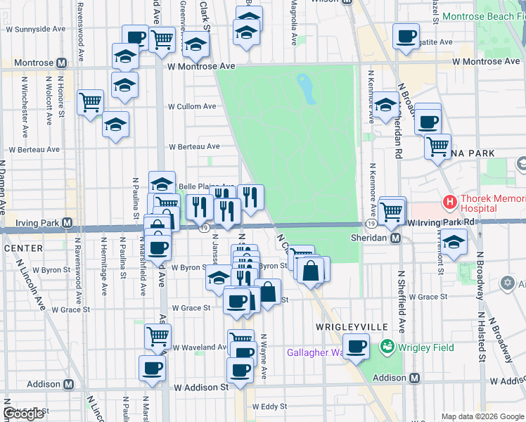 map of restaurants, bars, coffee shops, grocery stores, and more near 4020 North Clark Street in Chicago