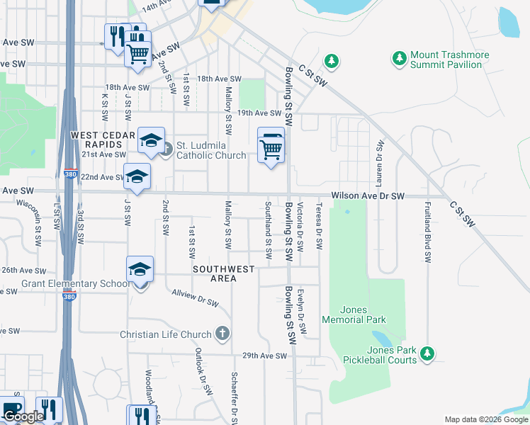 map of restaurants, bars, coffee shops, grocery stores, and more near 20 24th Avenue Southwest in Cedar Rapids
