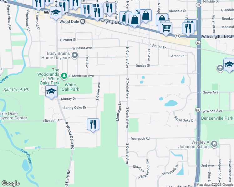 map of restaurants, bars, coffee shops, grocery stores, and more near 150 Montclare Lane in Wood Dale