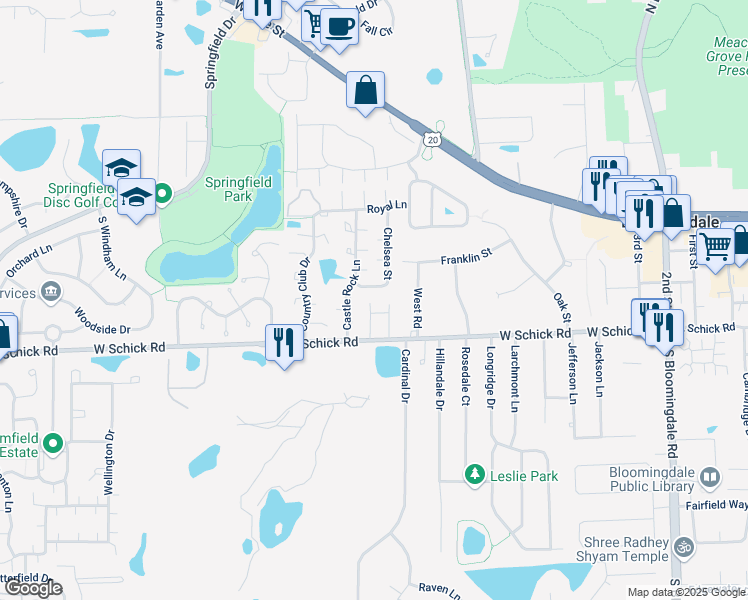 map of restaurants, bars, coffee shops, grocery stores, and more near 123 Villa Way in Bloomingdale