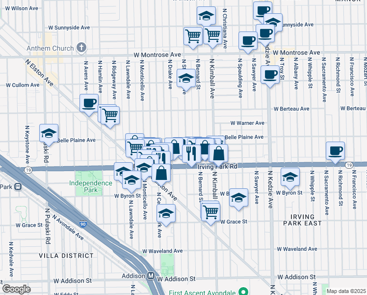 map of restaurants, bars, coffee shops, grocery stores, and more near 4038 North Saint Louis Avenue in Chicago