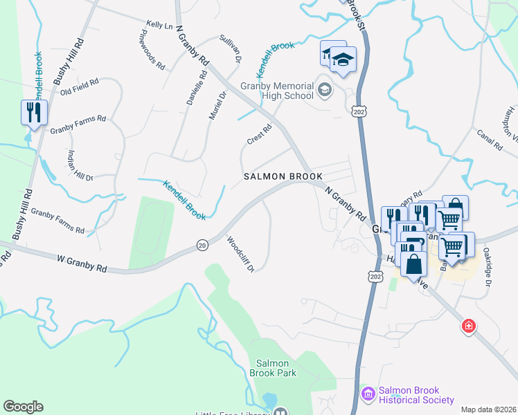 map of restaurants, bars, coffee shops, grocery stores, and more near 3 Woodcliff Drive in Granby